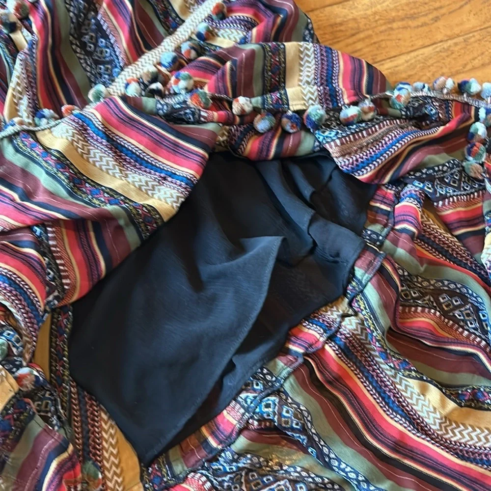 Zara Multicolor Pom Pom Trim Tiered Boho Maxi Dress Size Medium - Picture 13 of 16